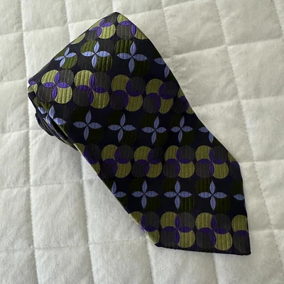 TED BAKER LONDON Mens Necktie Purple Green Geometric 100% Silk Hand Tailored - Image 1 of 4