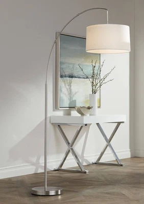 Modern Arc Floor Lamp with USB Port 72" Tall Nickel White Drum Shade Living Room - Image 1 of 4
