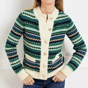 Cárdigan Talbots Autumn Fair Isle cuello Johnny verde marino para mujer 3XL vacaciones - Imagen 1 de 10