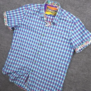 Robert Graham Shirt Mens Large Blue Geometric Classic Fit Flip Cuff Short Sleeve - Picture 1 of 9