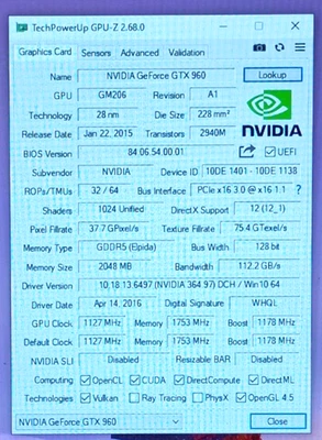0H4P1K NVIDIA GeForce GTX 960 2GB GDDR5 PCI Express 3.0 x16 Graphics Card H4P1K - Image 1 of 4