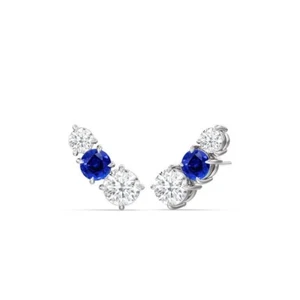 Simulated Sapphire & Moissanite Climber Stud Pretty Earrings In 10K White Gold - Picture 1 of 4
