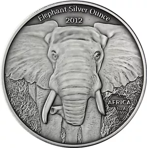 Gabun 2012 Afrikanische Unze Elefant 1000 Francs 1 Oz Silbermünze Antik mit COA - Bild 1 von 2