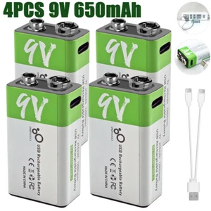 4 Pack 9V Rechargeable Lithium-ion Batteries 650mAh Battery USB Charger Cable UK - Picture 1 of 20