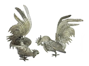 PAIR of LARGE ITALIAN SILVER PLATED FIGHTING COCKEREL ROOSTER ORNAMENT SCULPTURE - Picture 1 of 23