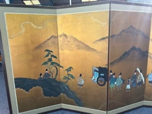 Antique Japanese Byobu Folding Screen Ox Cart & Mountain Scene Gold Leaf Style - Picture 1 of 20