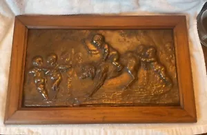 Antique Copper Ornate Cherubs and Dog Panel Wall Plaque - Picture 1 of 8