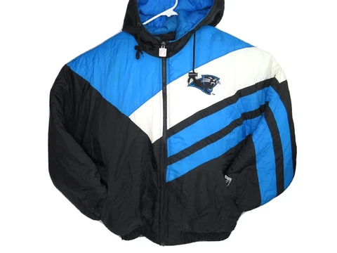 Vintage Men's Carolina Panthers NFL Puffer Coat Large NFL Team Logo 7 Hooded Cover