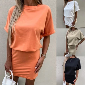 Women Summer Bodycon Sports Short Sleeve Dress Ladies Mini T-shirt Dress Casual - Picture 1 of 29