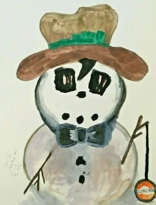 Pintura original Lori Clark 16"" x 20"" SAM el MUÑECO DE NIEVE #4 GRANDE EE. UU. INVIERNO - Imagen 1 de 9