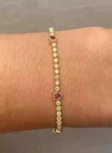8Ct Lab Created Diamond Tennis Bezel Ruby Heart Bracelet 14K Yellow Gold Plated - Picture 1 of 4