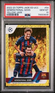 2022-23 Robert Lewandowski Gavi Topps Jade Yellow FC Barcelona Card 43/50 PSA 10
