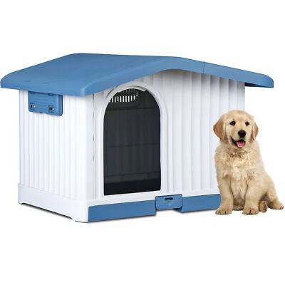 Casa de plástico para perros de 34" interior exterior casa para perros refugio para cachorros con techo elevable azul Foto 1 de 4
