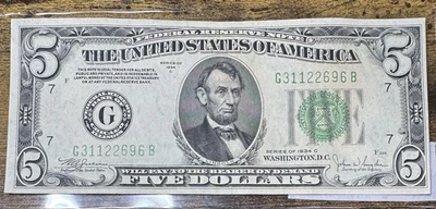 1934 C U.S. $5 Five Dollar Green Seal Banknote P#429Dc WAJ-JWS Lightly Circulate - Image 1 of 2