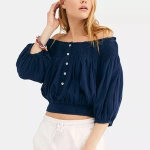 Free People We The Free Dancing Till Dawn Smocked Off-the-Shoulder Top cropped S - Picture 1 of 10