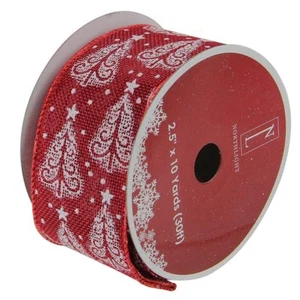 Northlight Red White Trees Burlap Wired Christmas Ribbon 2.5" x 10 Yards - Picture 1 of 3