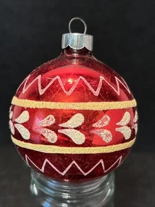 Adorno de Navidad vintage rojo amarillo y blanco brillo estampado vidrio mercurio - Imagen 1 de 8