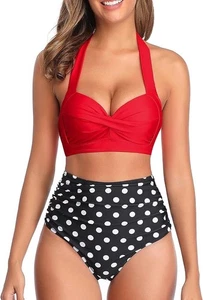 Tempt Me Women 2 Piece Vintage Swimsuit Retro Halter Ruched High Waist Bikini XS - Picture 1 of 17