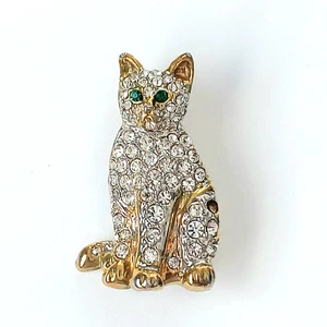 Gold Tone Cat Brooch Green Eyes - Picture 1 of 3