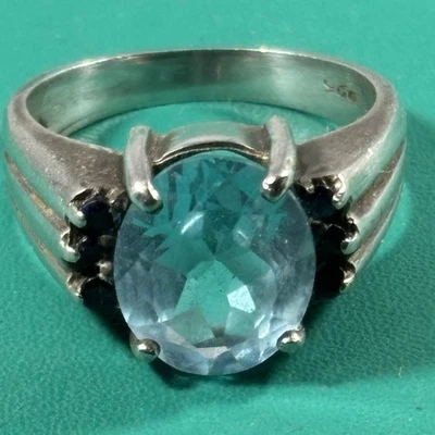 Anel de prata esterlina 925 com pedras de topázio azul oval e redondo tamanho - 8,75 - Imagem 1 de 4