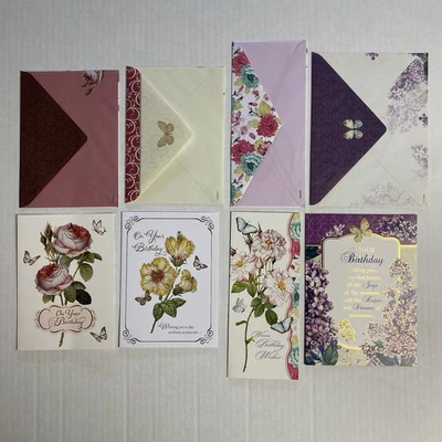 Lote de 4 tarjetas de felicitación Samantha Chase Meyers 9 - flores de cumpleaños mariposas doradas Foto 1 de 4