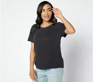 Peace Love World Boheme Braided Crew Neck Tee Shirt Washed Black XL - Picture 1 of 2
