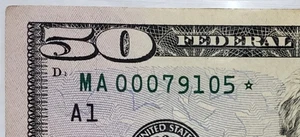 $50 Bill Fancy Serial Number STAR Note 79105 Amarillo, TX  Zip - MA 00079105 * - Picture 1 of 3