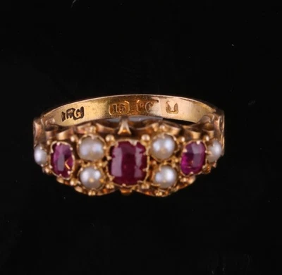 Antique  1866 English Ruby  Natural Pearl 15k Ring Sz 5.25 - Image 1 of 4