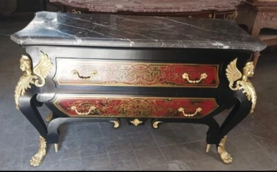 Commode style André BOULLE bois massif anges doré feuille d'or plateau marbre - Photo 1/4