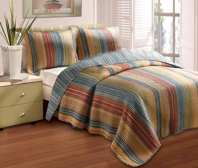SOFT BROWN BLUE NAVY GREEN RED TAUPE YELLOW GREEN ORANGE EARTH TONES QUILT SET - Image 1 of 4