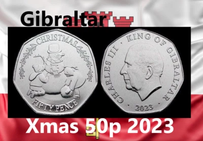 Gibraltar coin 50p pence 2023 Xmas Christmas Snowman and kids Charles III CIII - Image 1 of 4