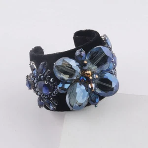 Black Velvet Covered Cuff Bracelet w Blue Crystal Flower & Embellishments - Picture 1 of 7