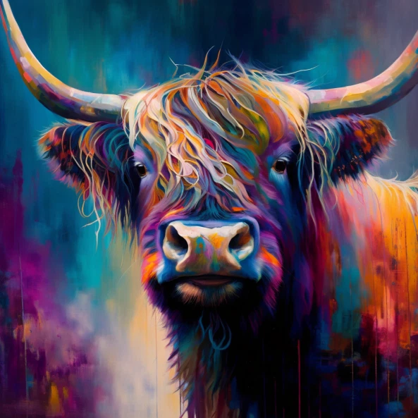 Canvas Print Highland Cow Abstract Oil Painting Unique 30mm Deep Framed Artwork
