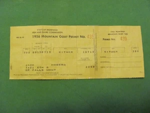 State of Montana Fish & Game Commission 1956 Mountain Goat Hunting Permit. - Picture 1 of 3