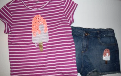 EUC GYMBOREE SWEETS SHOP SEQUIN POPSICLE STRIPED SHIRT DENIM SHORTS SET SIZE 7-8 - Image 1 of 4