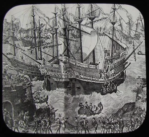 Glass Magic Lantern Slide KING HENRY VIII EMBARKING ON SHIP C1890 DRAWING  - Picture 1 of 2