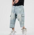 Men's Retro Light Blue Denim Jeans Shorts Summer Loose Fit Ripped Holes Pockets 