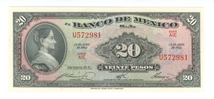 EL BANCO DE MEXICO 1963 20 PESO BANKNOTE UNCIRCULATED - Picture 1 of 2