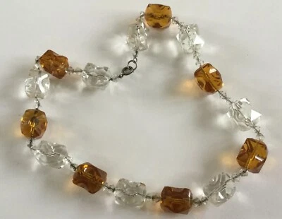 Vintage  Art Deco Amber & Clear Glass Bead Necklace  On Silver Chain - Image 1 of 4