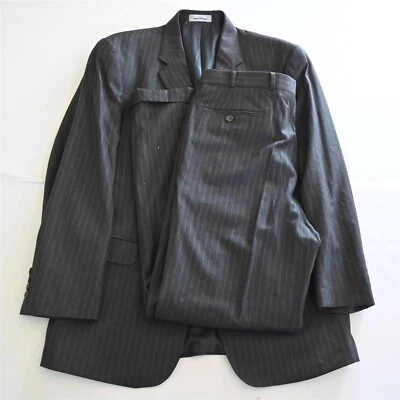 Stafford 42R 36x32 Gray Flannel 100% Wool Striped Mens Jacket Pants Suit - Image 1 of 4