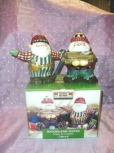 NIB "SAKURA DEBBIE MUMM WOODLAND SANTA SUGAR W/ LID & CREAMER SET", Earthenware - Picture 1 of 9