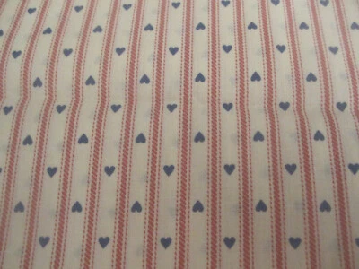 Cotton Fabric Red Cream Ticking With Blue Tiny Hearts  Quilt Craft 1yd 19" x 45 - Image 1 of 4
