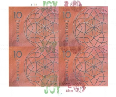 CANCELED POSTAL COUNTERFEIT SHEETLET OF 4 FOR STUDY $10 FLORAL GEOMETRY - Image 1 of 2
