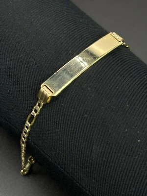 14k Solid Gold Diamond Cut Fígaro Name Plate Bracelet 7.5 IN Free Name Engraving - Image 1 of 3