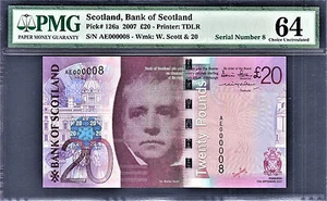 Scotland 20 Pounds 2007 LOW Serial AE 000008 Pick-126a Ch UNC PMG 64 - Picture 1 of 2