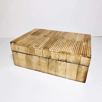 Handmade Rectangular Ribbed Bone Inlay Decorative Box - Image 1 of 4