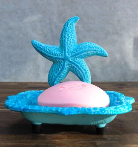 Figura Jabonera Estrella de Mar Azul Rústica Costera Océano Marino Hierro Fundido - Imagen 1 de 10