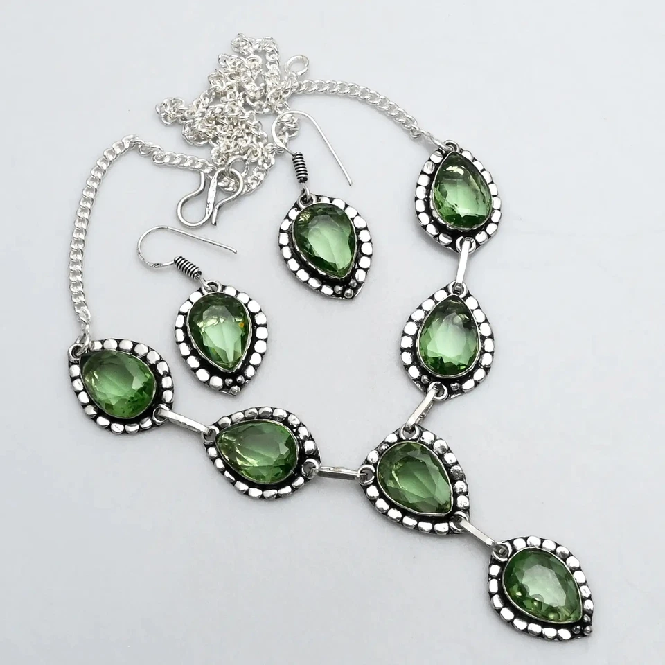 Peridot Gemstone Ethnic Handmade Necklace+Earring Jewelry 27 Gms AN 14287 - Image 1 of 1