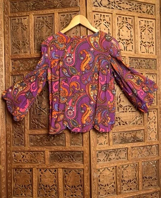 Vintage 60s Top Psychedelic Bright Floral Mod Petal Hem Bell Sleeve Blouse Tunic - Image 1 of 4