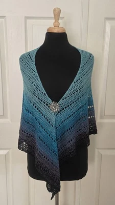 Hand Crocheted Cotton Blend Shawl With Vintage Brooch - Image 1 of 4